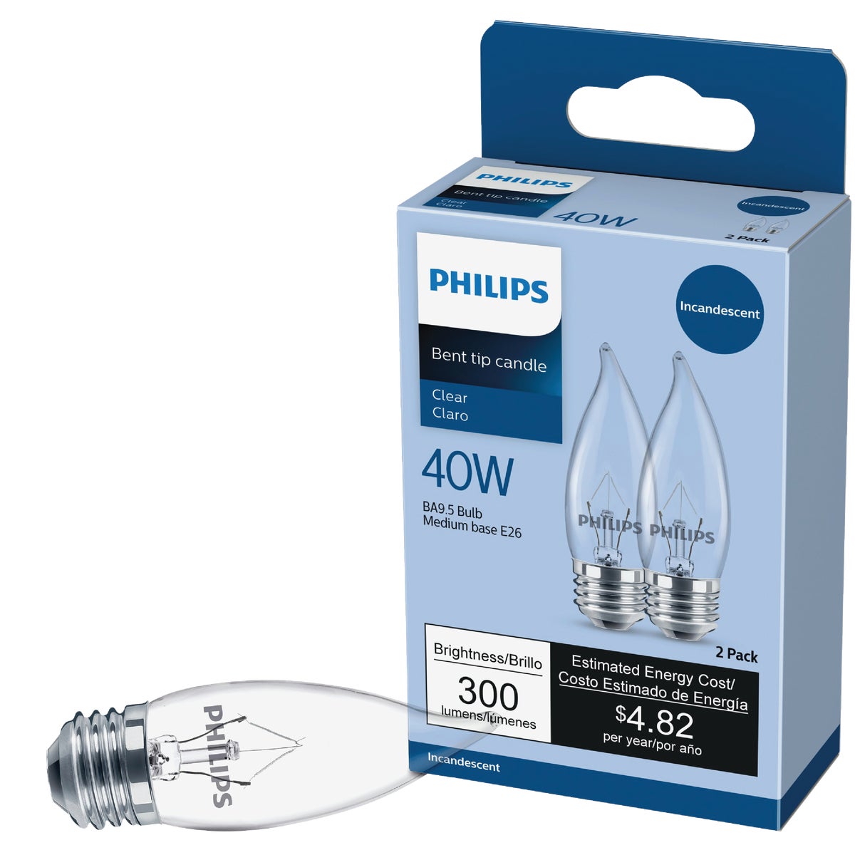 Philips DuraMax 40W Clear Medium BA9.5 Incandescent Bent Tip Light Bulb (2-Pack)