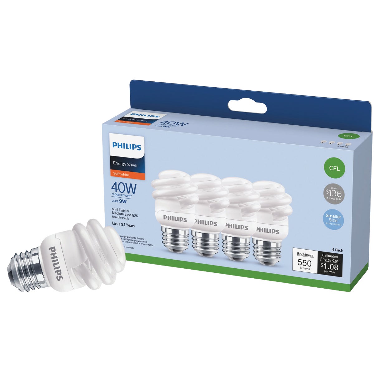 Philips Energy Saver 40W Equivalent Soft White Medium Base T2 Spiral CFL Light Bulb (4-Pack)