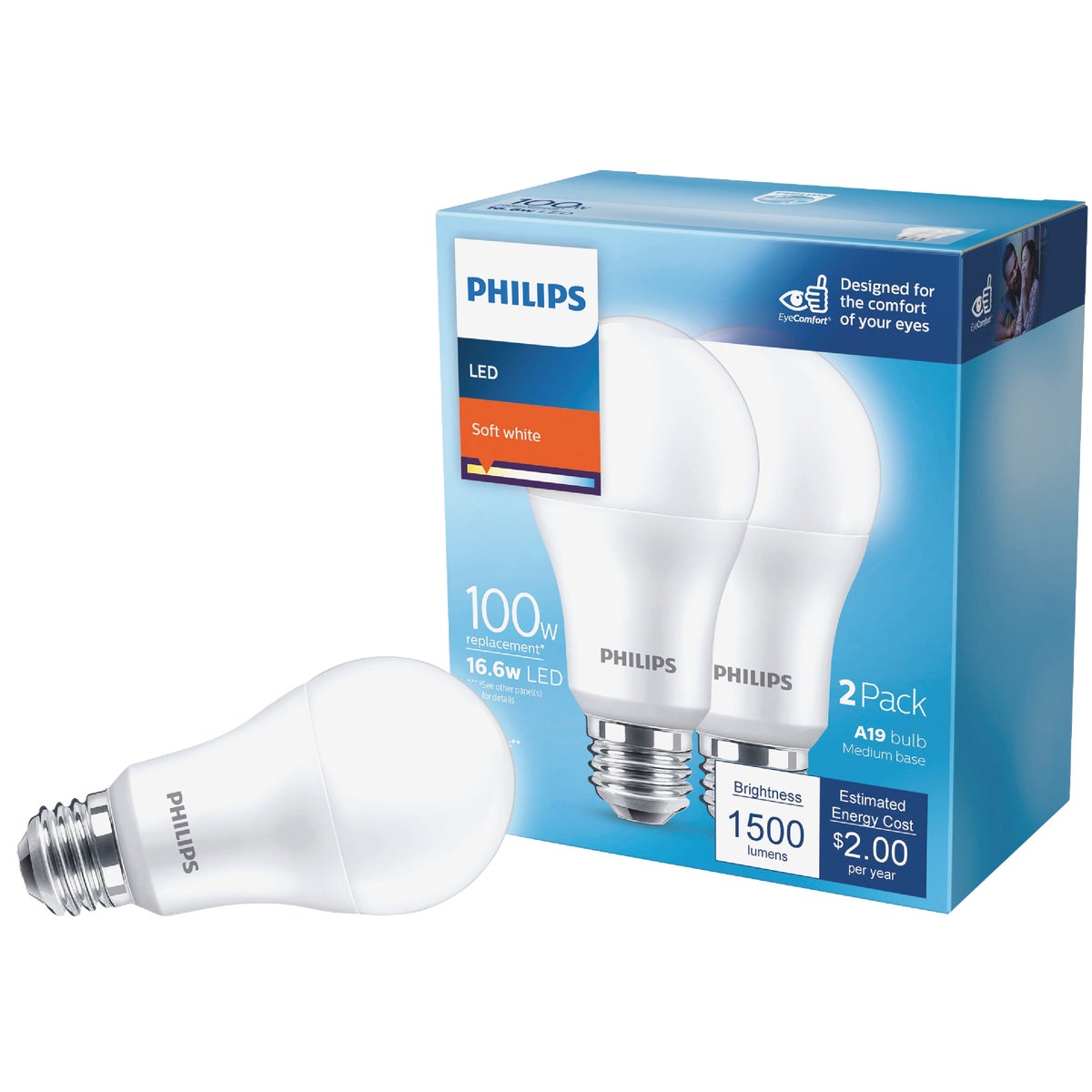Philips 100W Equivalent Soft White A19 Medium LED Light Bulb (2-Pack)
