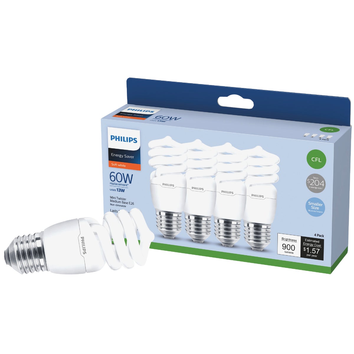 Philips Energy Saver 60W Equivalent Soft White Medium Base T2 Spiral CFL Light Bulb (4-Pack)