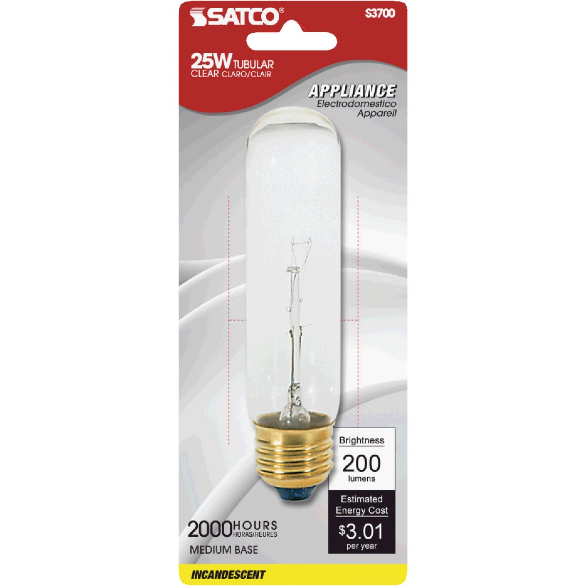 Satco 25W Clear Medium Base T10 Incandescent Tubular Appliance Light Bulb