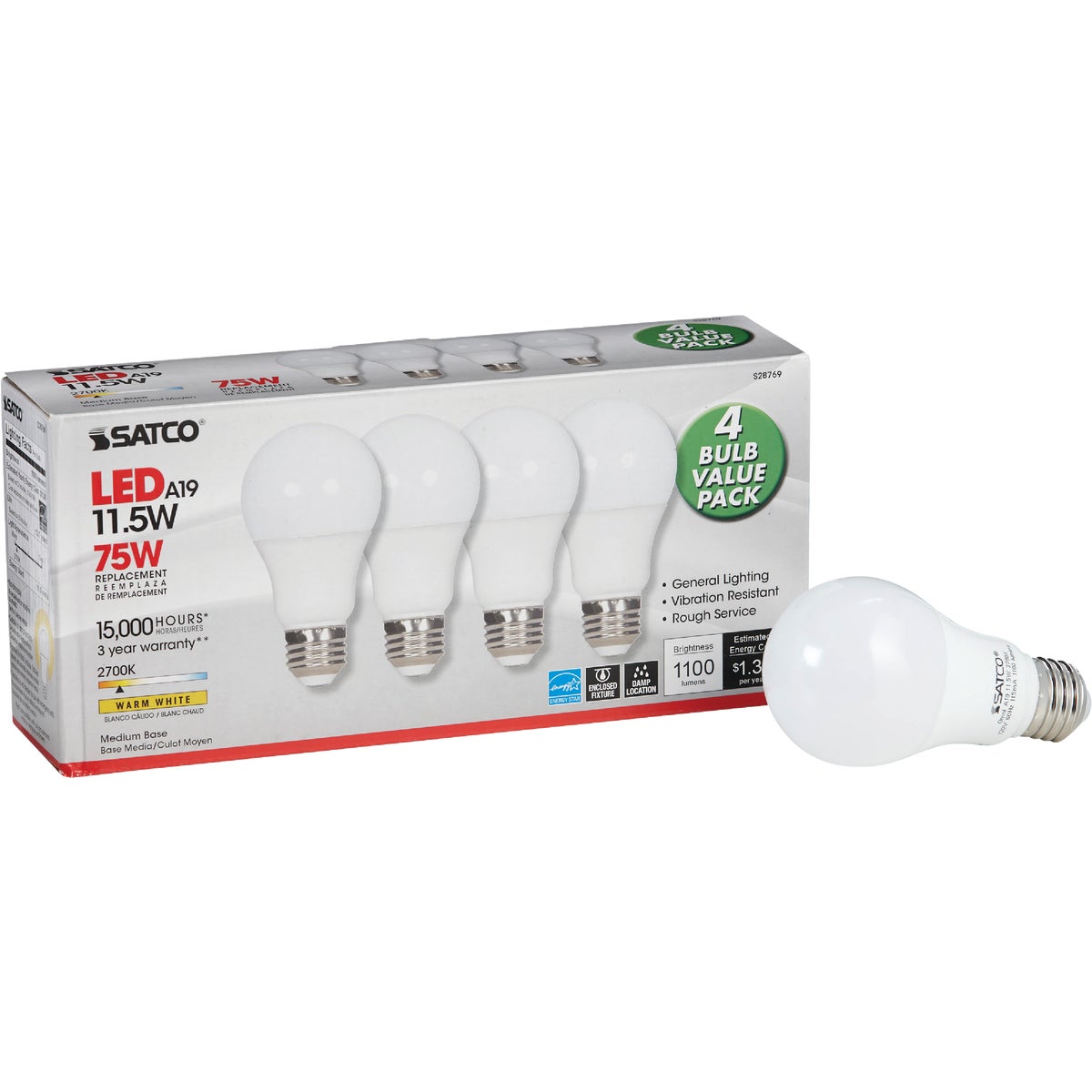 Satco 75W Equivalent Warm White A19 Medium LED Light Bulb (4-Pack)