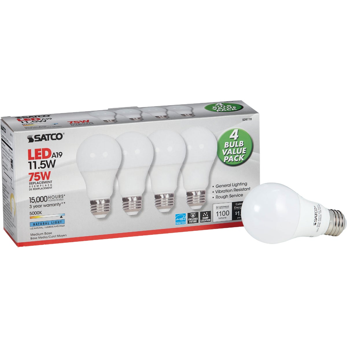 Satco 75W Equivalent Natural Light A19 Medium LED Light Bulb (4-Pack)