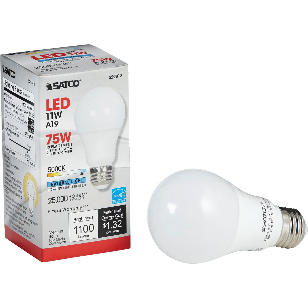 Satco 40W Equivalent Warm White A19 Medium Dimmable LED Light Bulb