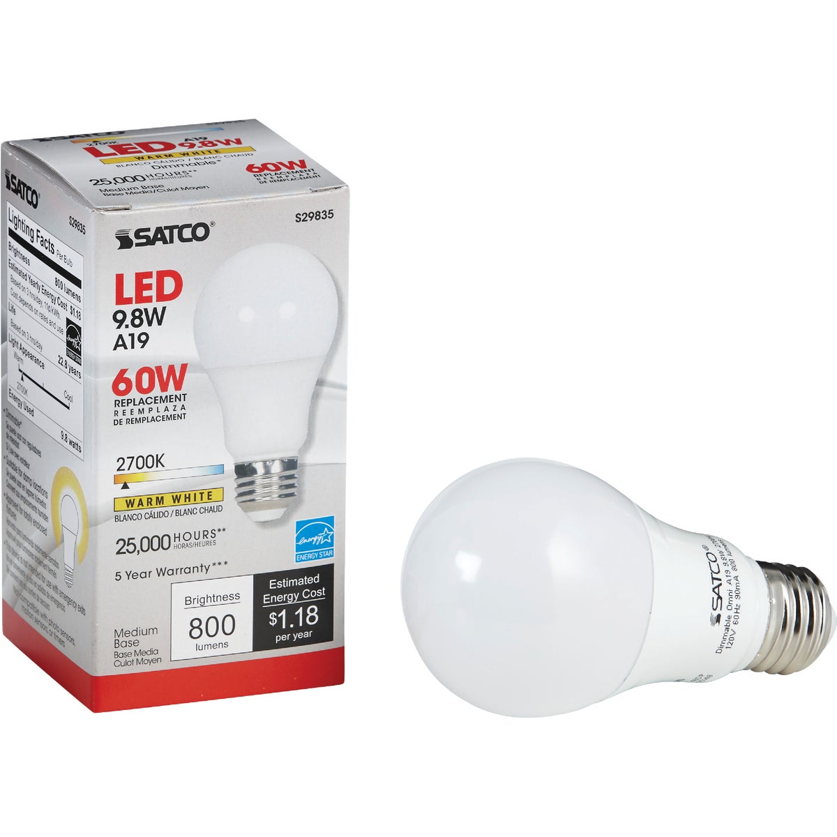 Satco 60W Equivalent Warm White A19 Medium Dimmable LED Light Bulb