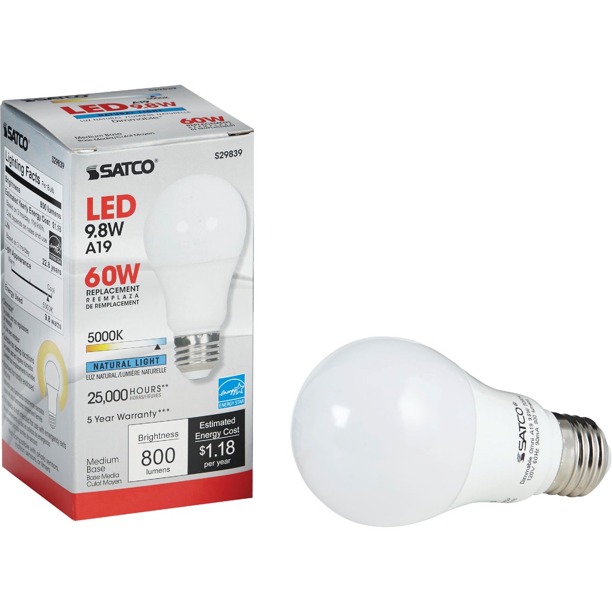 Satco 60W Equivalent Natural Light A19 Medium Dimmable LED Light Bulb