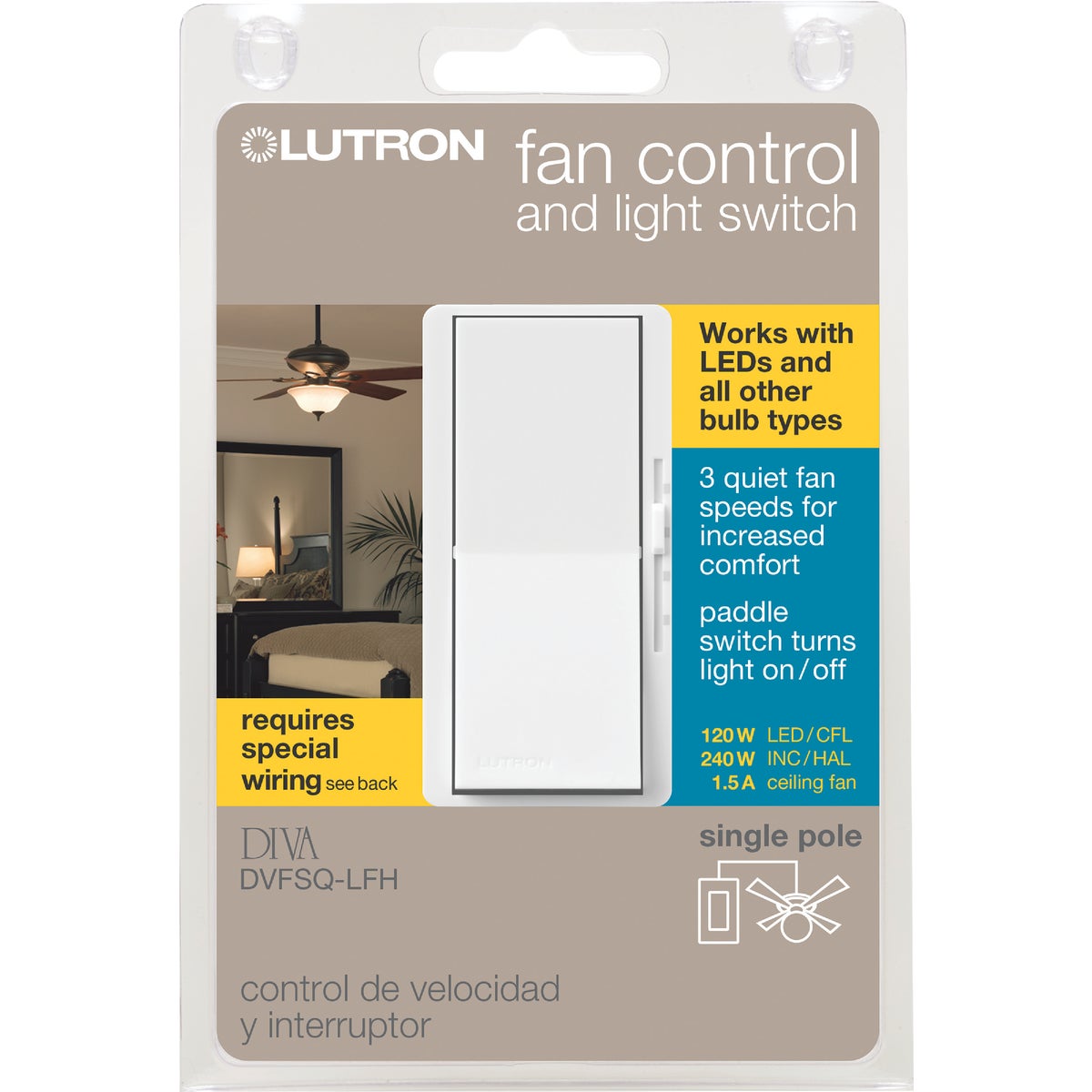 Lutron Diva White Single Pole Rocker 3-Speed Light & Fan Control Switch
