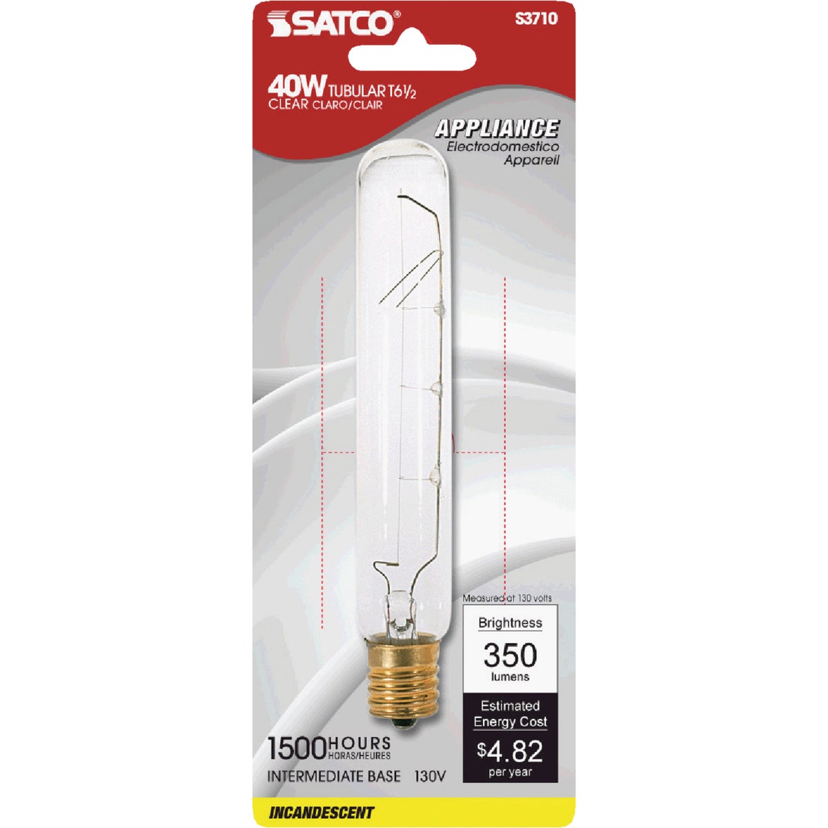 Satco 40W Clear Intermediate Base T6.5 Incandescent Tubular Appliance Light Bulb 