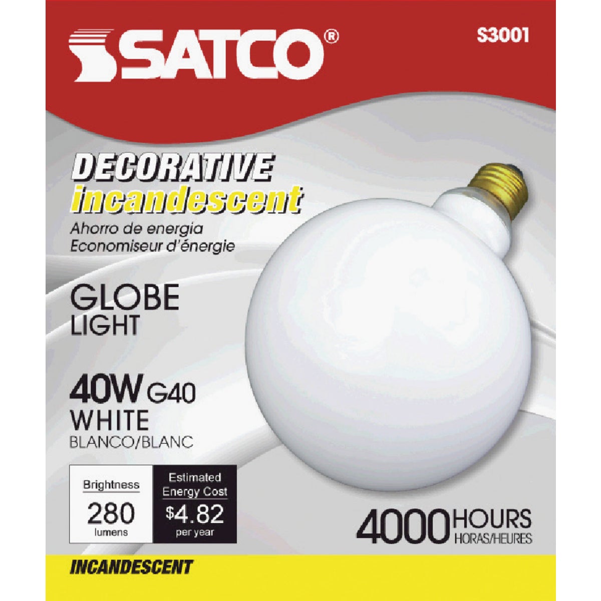 Satco 40W Frosted Soft White Medium Base G40 Incandescent Globe Light Bulb
