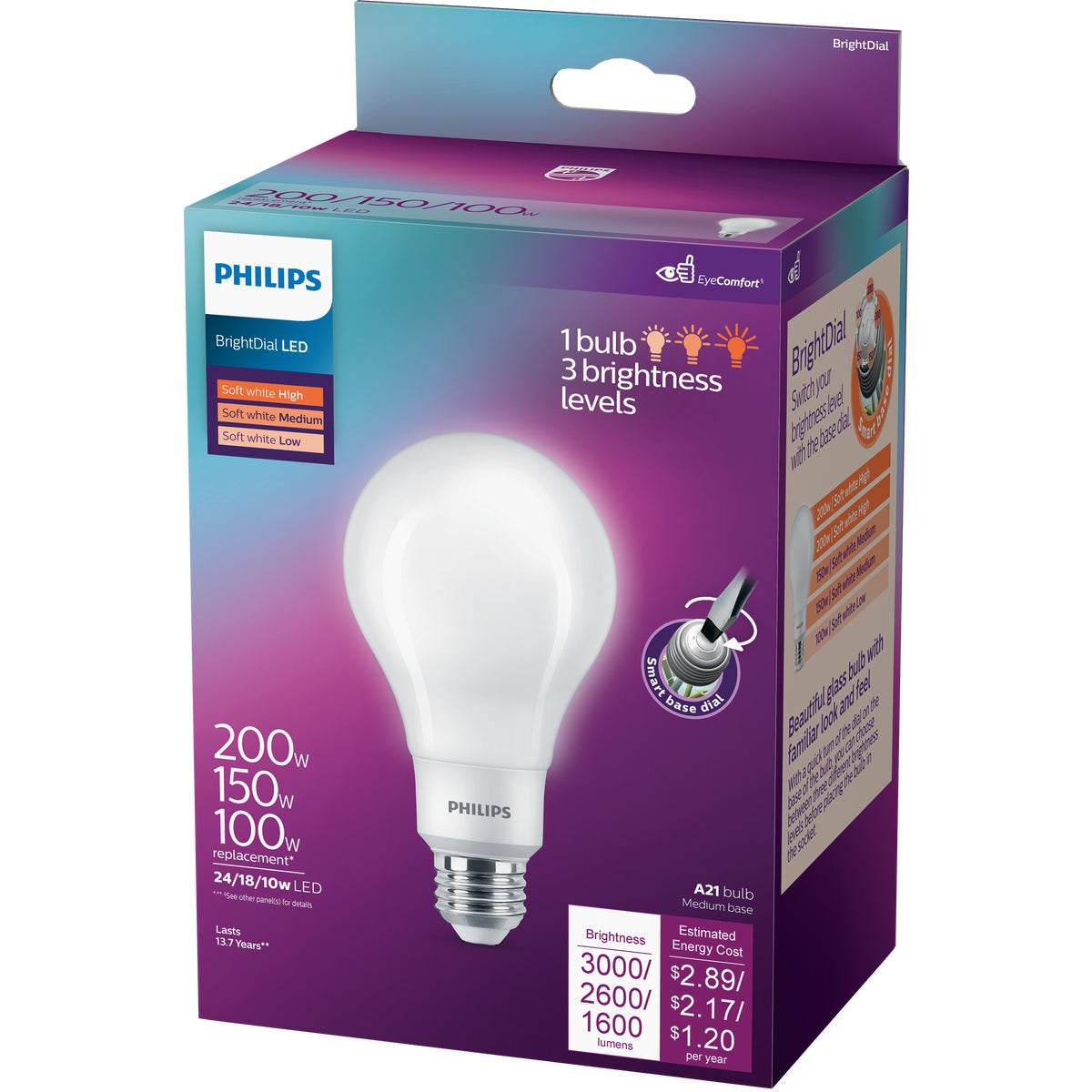 Philips BrightDial 200/150/100W Equivalent Soft White A21 Medium LED Light Bulb