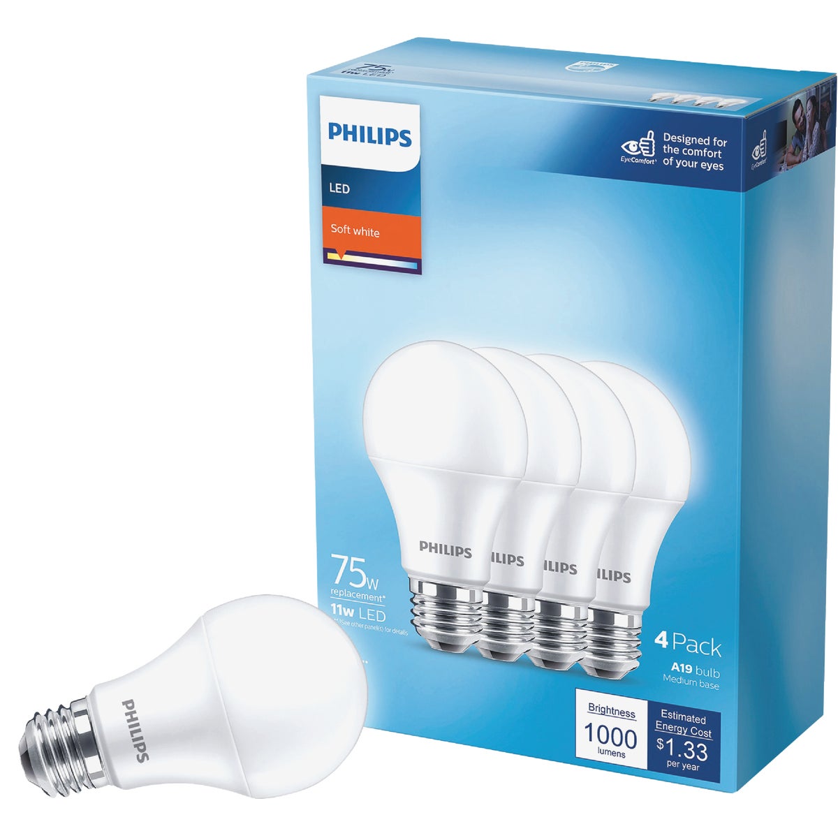Philips EyeComfort 75W Equivalent Soft White A19 Medium LED Light Bulb (4-Pack)