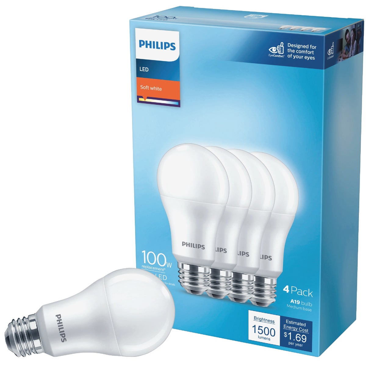 Philips EyeComfort 100W Equivalent Soft White A19 Medium LED Light Bulb (4-Pack)