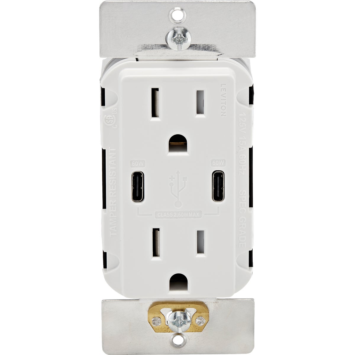 Leviton Decora 15A White 6A Dual Type C/C USB Tamper-Resistant Power Delivery Wall Outlet Charger