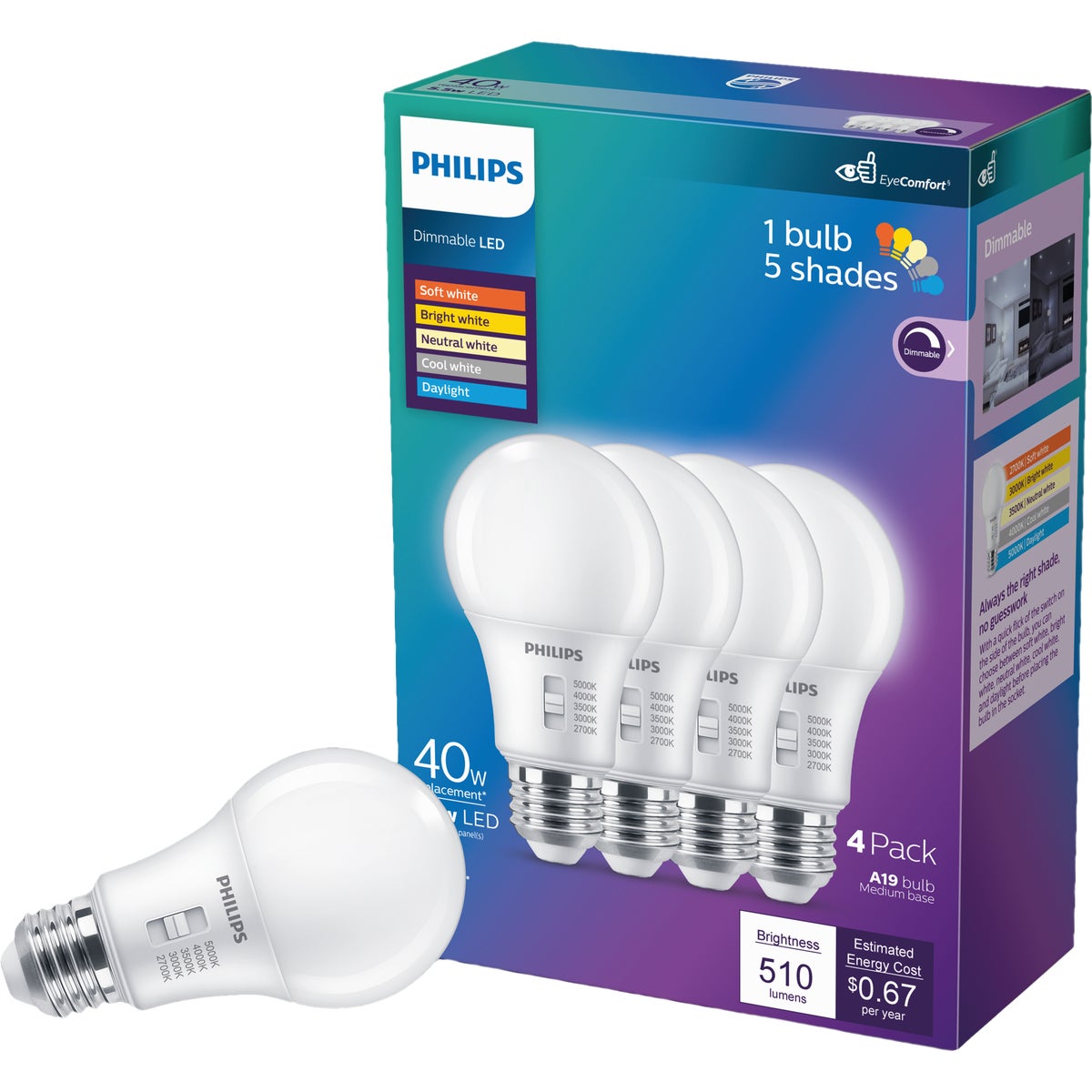 Philips 40W Equivalent 5 CCT A19 Medium Dimmable LED Light Bulb (4-Pack)