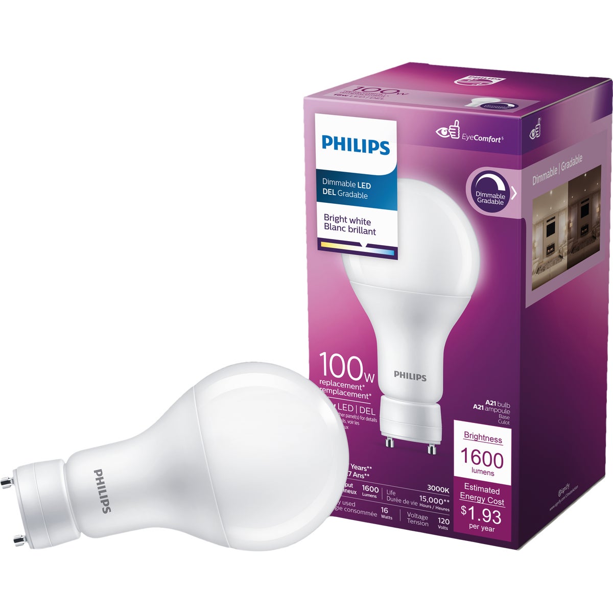 Philips 100W Equivalent A21 GU24 Dimmable LED Light Bulb