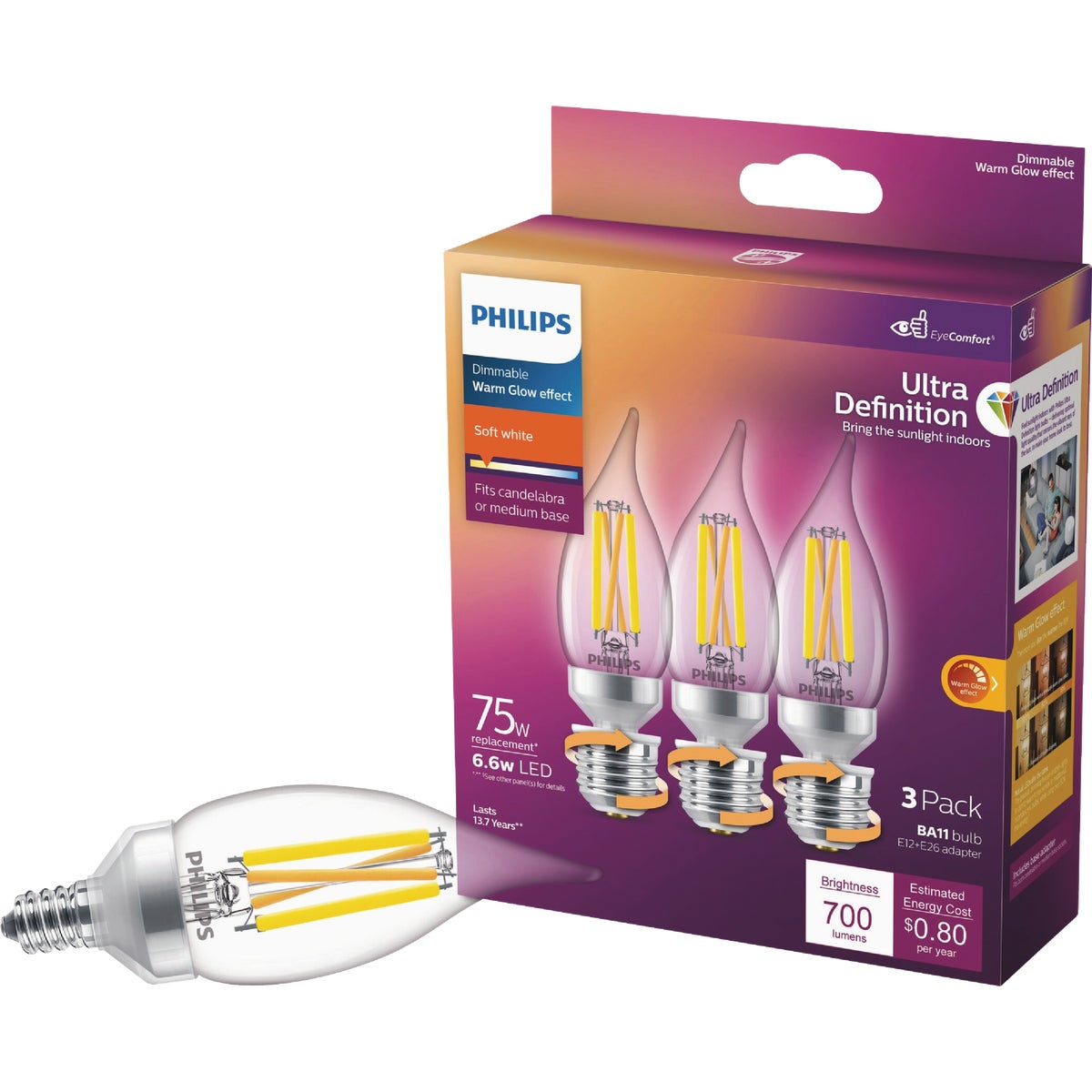 Philips Ultra Definition 75W Equivalent Soft White BA11 Adjustable Base (E12 & E26) LED Decorative Light Bulb (3-Pack)