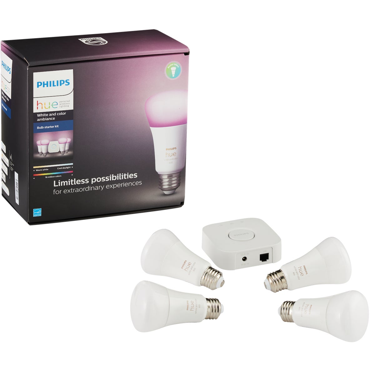 Philips Hue White & Color Ambiance 60W Equivalent Medium A19 Dimmable LED Light Bulb Bluetooth Starter Kit