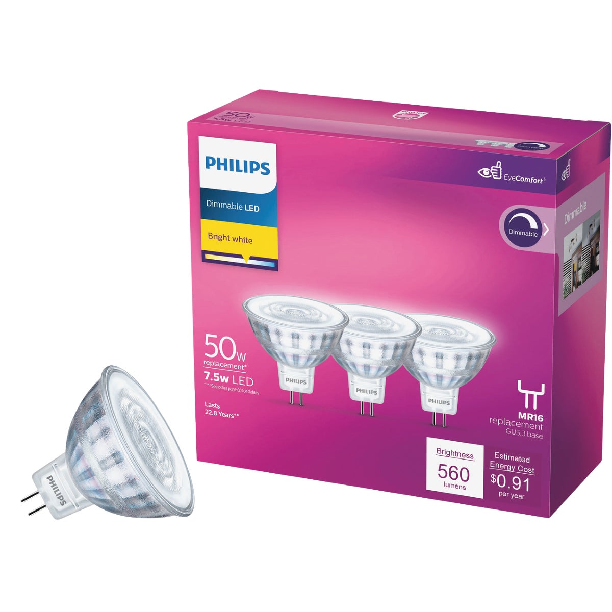 Philips Classic Glass 50W Equivalent Bright White MR16 GU5.3 LED Floodlight Light Bulb (3-Pack)