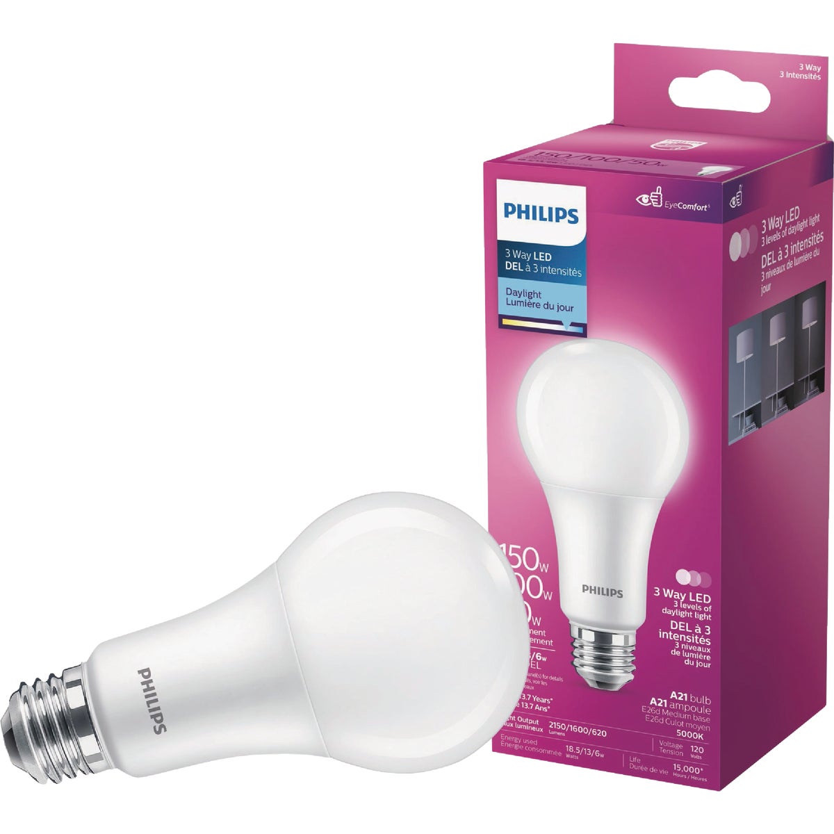Philips 50/100/150W Equivalent Daylight A21 Medium 3-Way LED Light Bulb