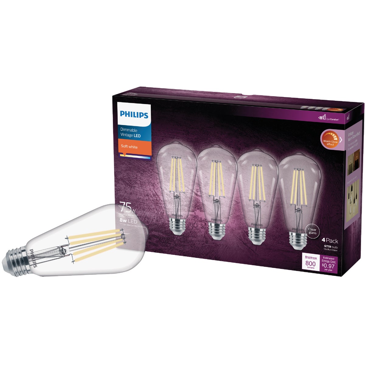Philips Warm Glow 75W Equivalent Soft White ST19 Medium Vintage LED Decorative Light Bulb (4-Pack)