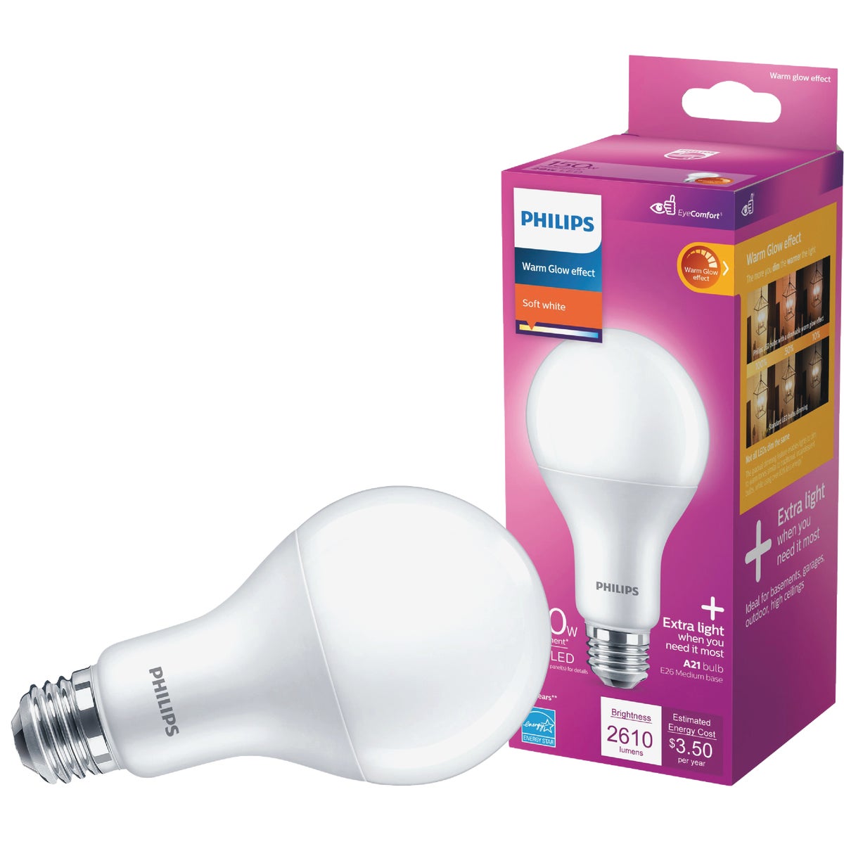 Philips Warm Glow 150W Equivalent Soft White A21 Medium Dimmable LED Light Bulb