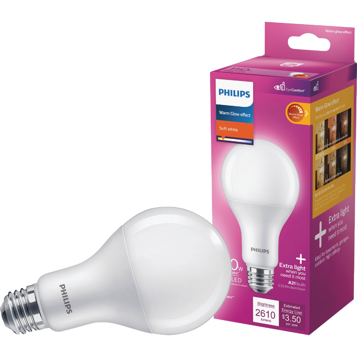 Philips Warm Glow 150W Equivalent Soft White A21 Medium Dimmable LED Light Bulb