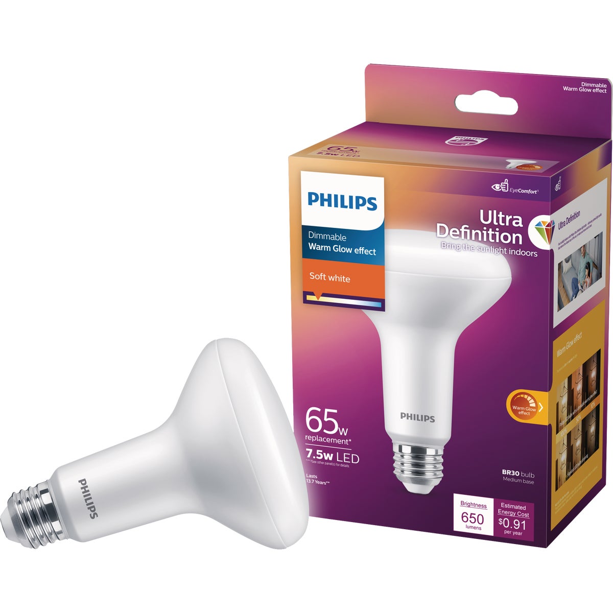 Philips Warm Glow Ultra Definition 65W Equivalent Soft White BR30 Medium Dimmable LED Floodlight Light Bulb