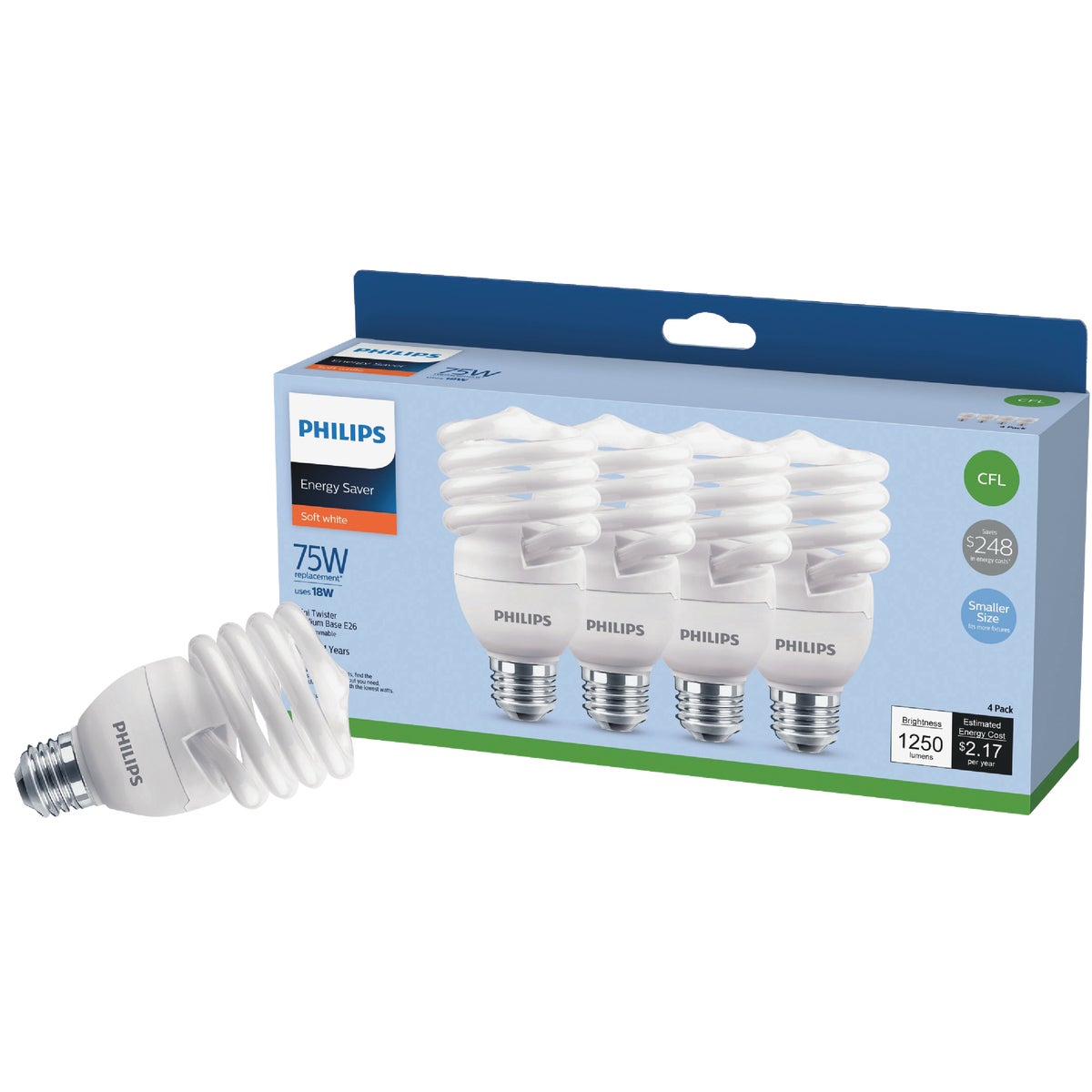 Philips Energy Saver 60W Soft White Medium Base T2 Spiral CFL Light Bulb 4-Pack 