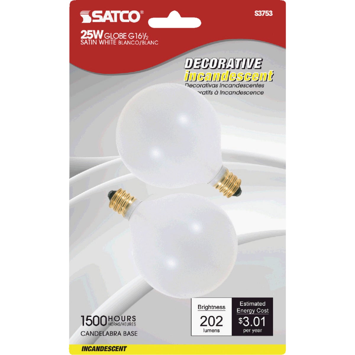 Satco Candelabra G16.5 Incandescent Globe Light Bulb