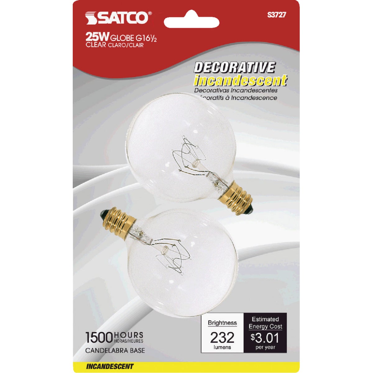 Satco Candelabra G16.5 Incandescent Globe Light Bulb