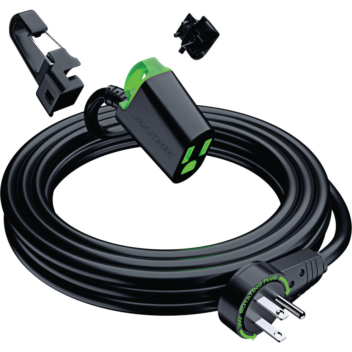 Maximm 15 Ft. 16/3 Black 1-Outlet 360 Deg. Rotating Plug Extension Cord with Lighted Hook