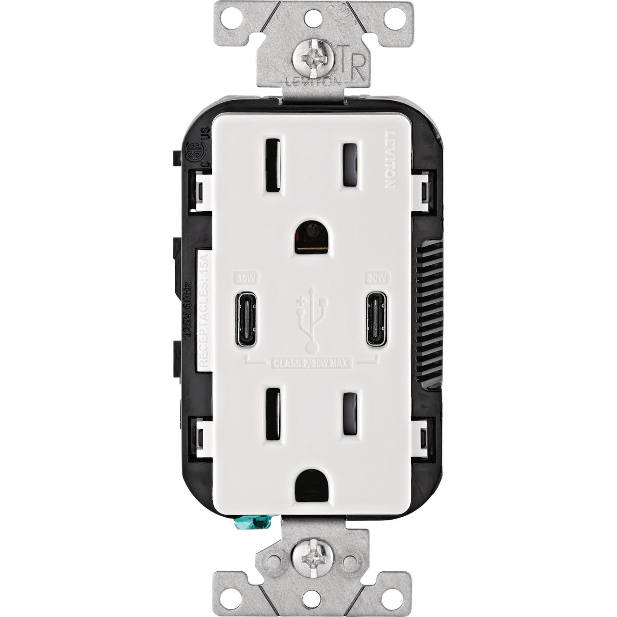 Leviton 15A White 2-Port USB Charging Outlet with 5-15R Tamper-Resistant Duplex Outlet