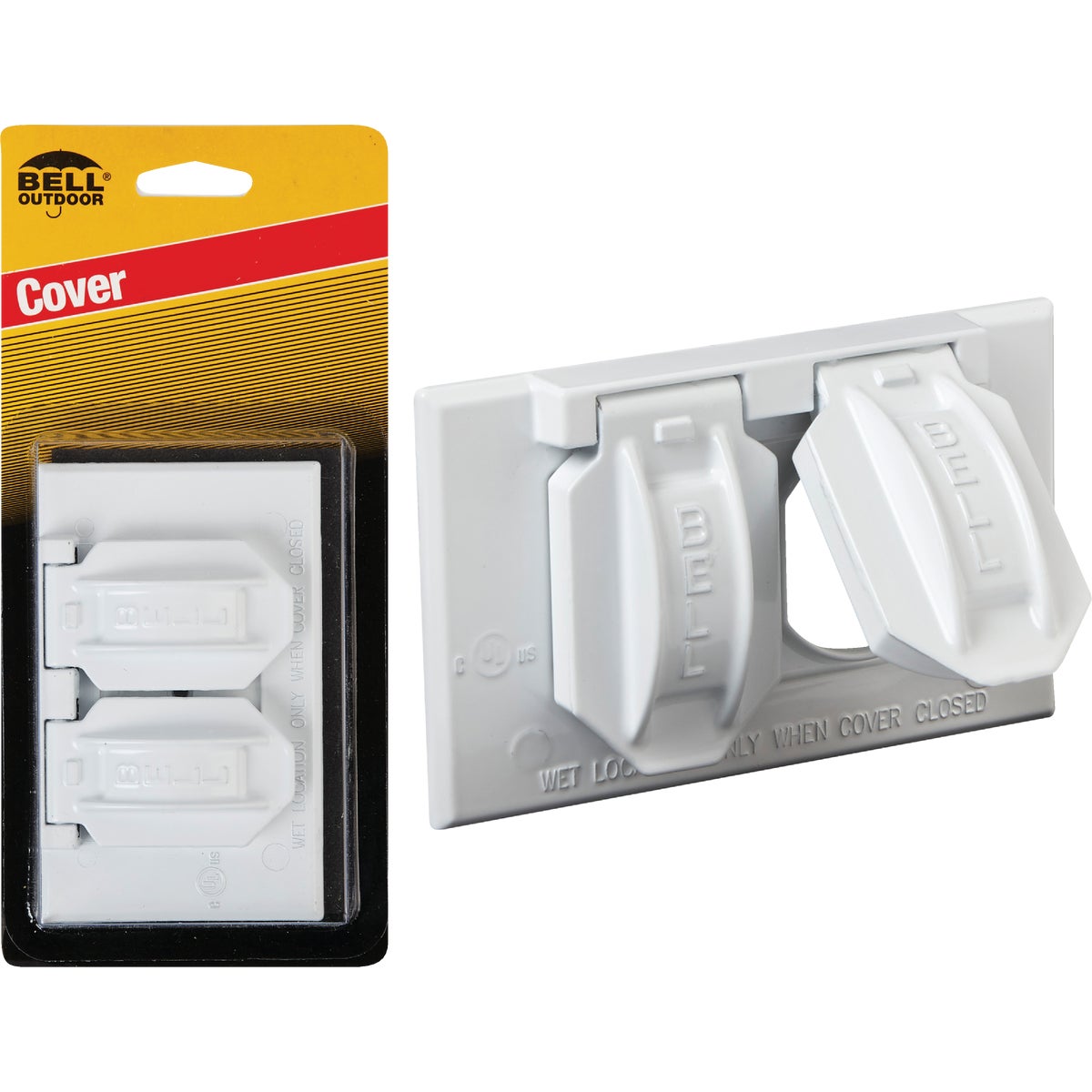 Bell Horizontal Duplex Aluminum White Weatherproof Outdoor Outlet Cover, Carded