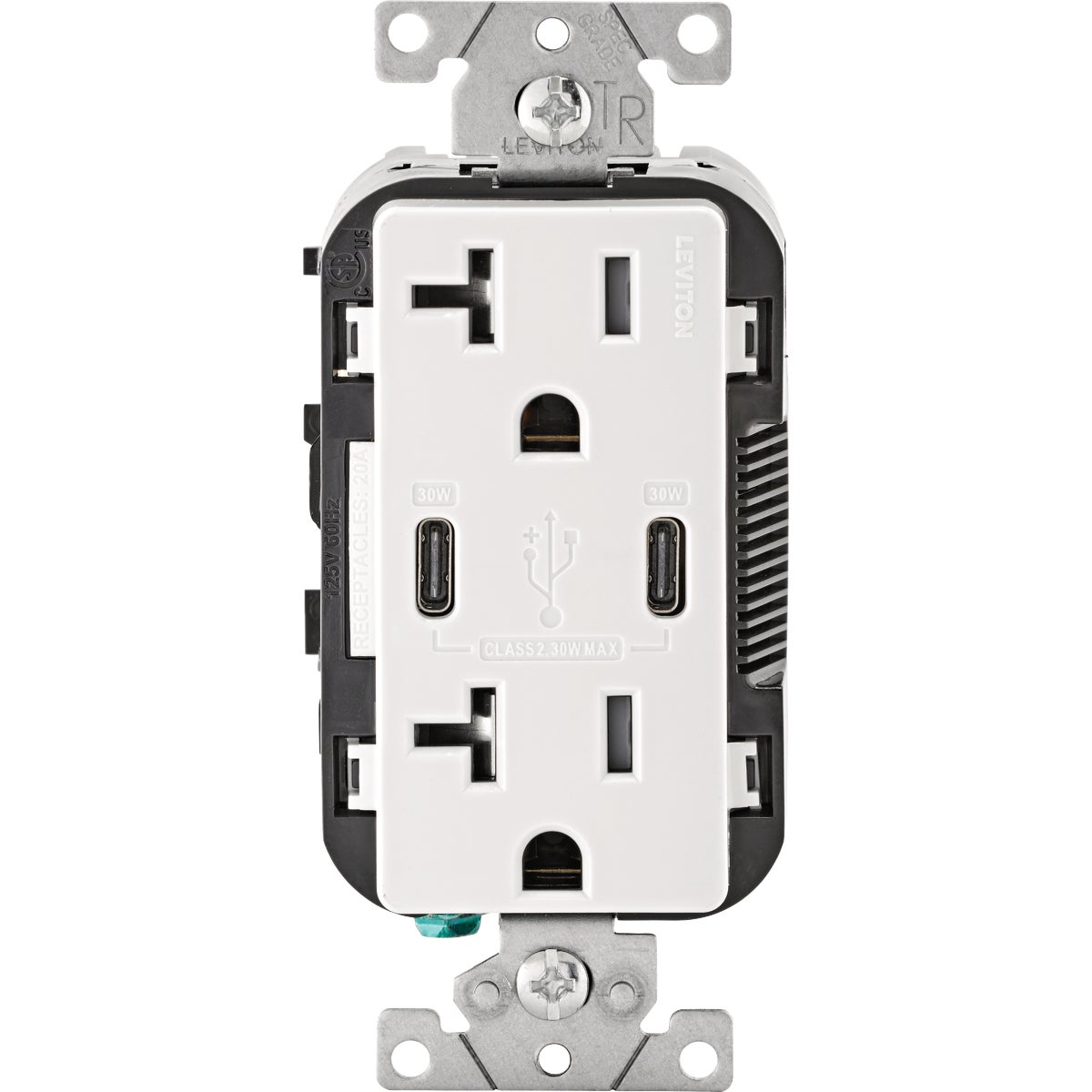 Leviton 20A White 2-Port USB with Power Delivery (PD) In-Wall Charger