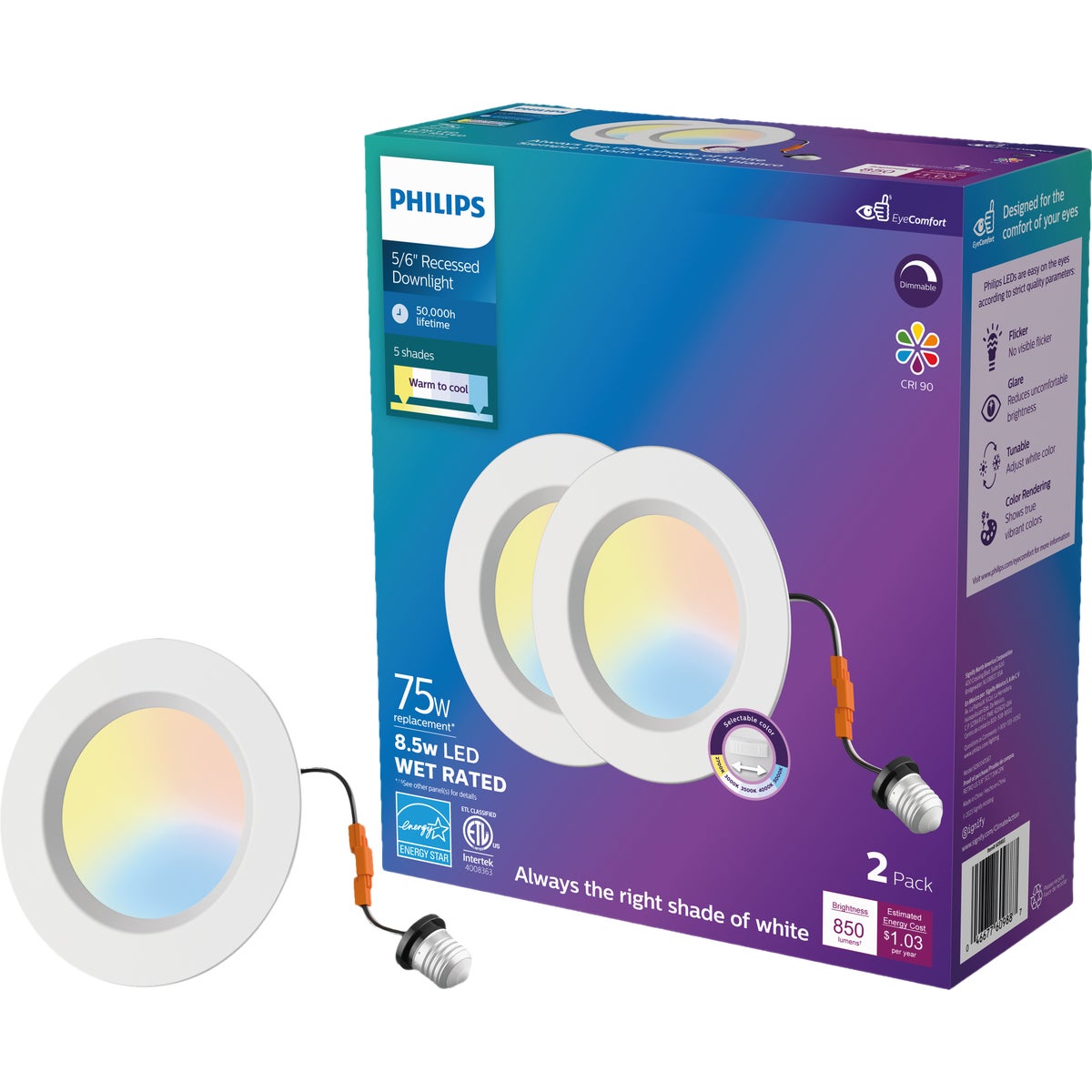 Philips 6 In. 11.5W Selectable CCT White LED Retrofit Recessed Light Kit (2-Pack)