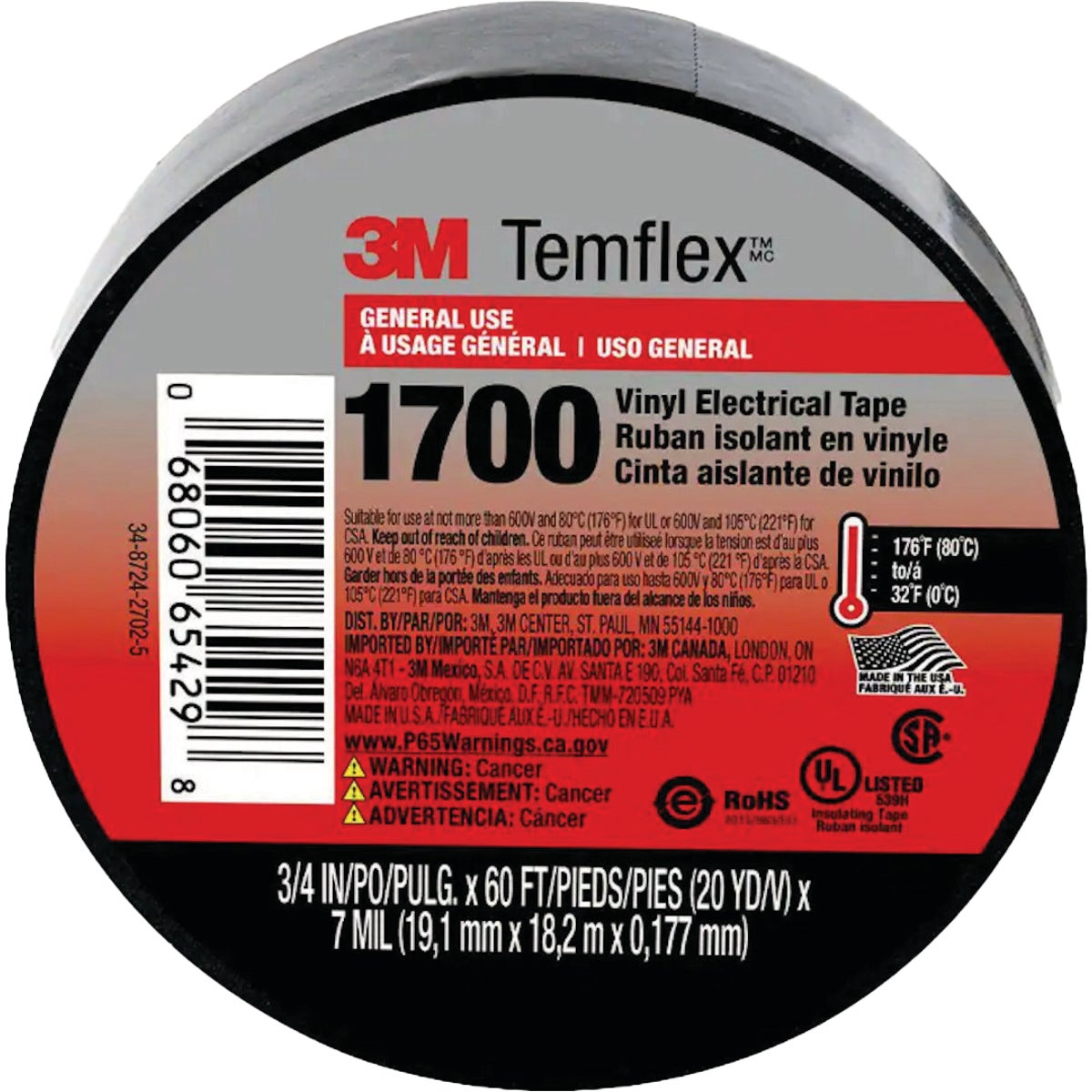 3M Temflex 1700 General Purpose 3/4 In. x 60 Ft. Electrical Tape