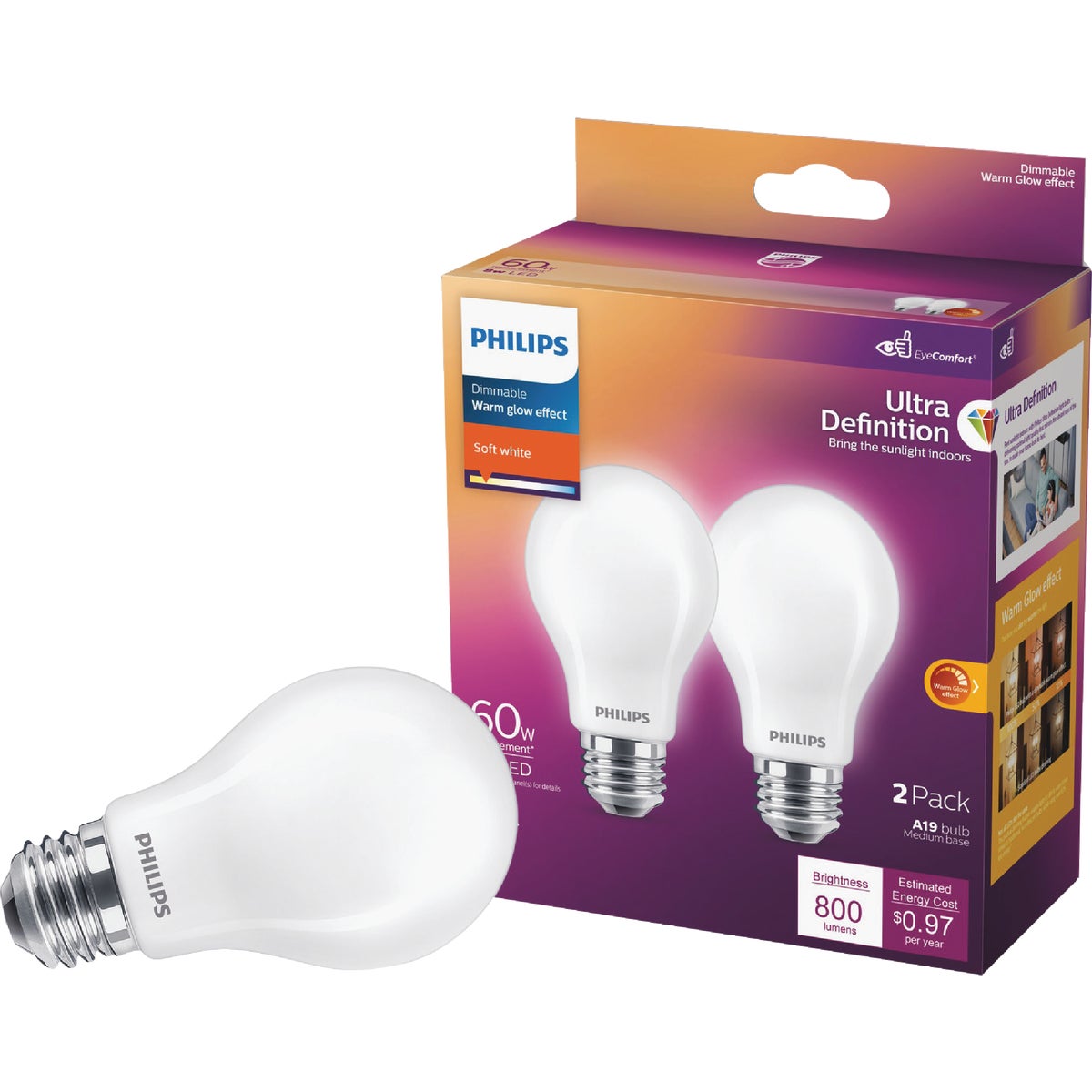 Philips Ultra Definition Warm Glow 60W Equivalent Soft White A19 Medium LED Light Bulb (2-Pack)
