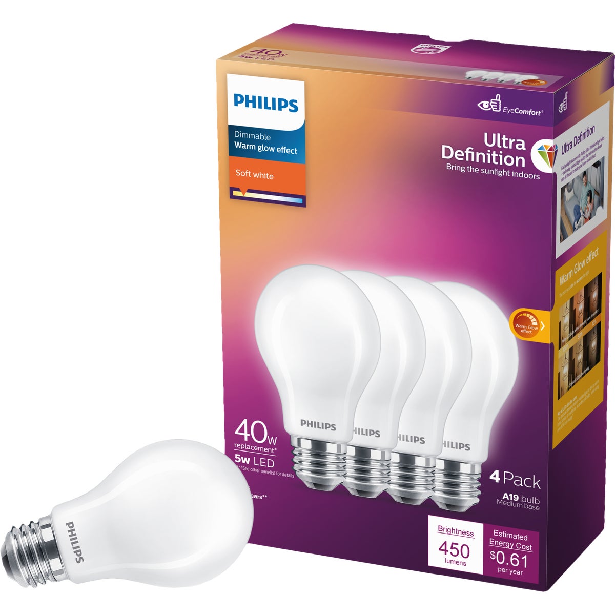 Philips Ultra Definition 60W Equivalent Soft White A19 Medium LED Light Bulb, Frosted (4-Pack)