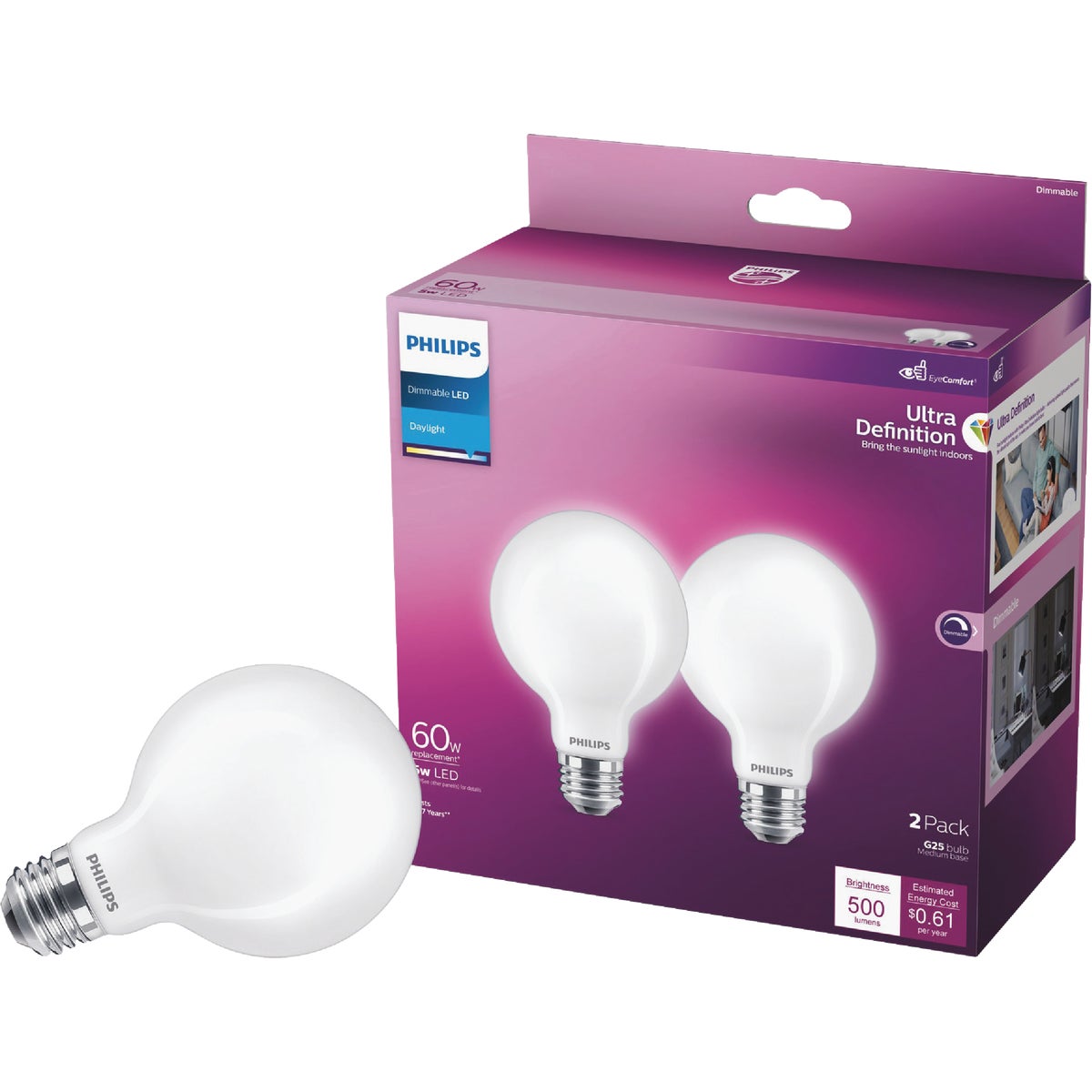 Philips Ultra Definition 60W Equivalent Daylight G25 Medium Frosted LED Decorative Light Bulb (2-Pack)