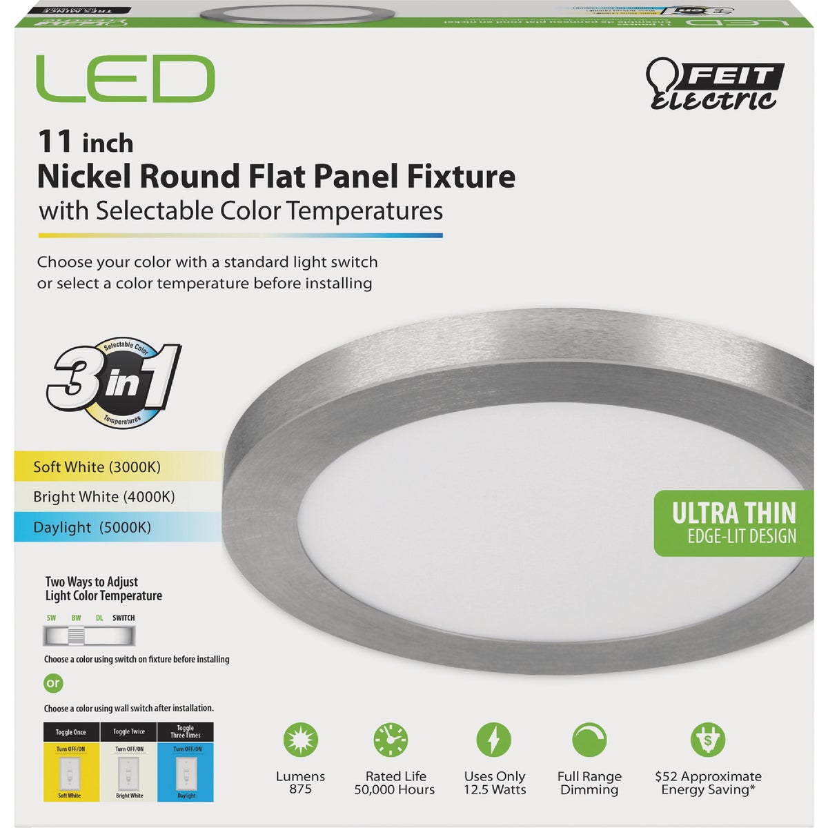 Feit Electric Edge-Lit 11 In. Nickel Round 4-Way LED Flush Mount Light