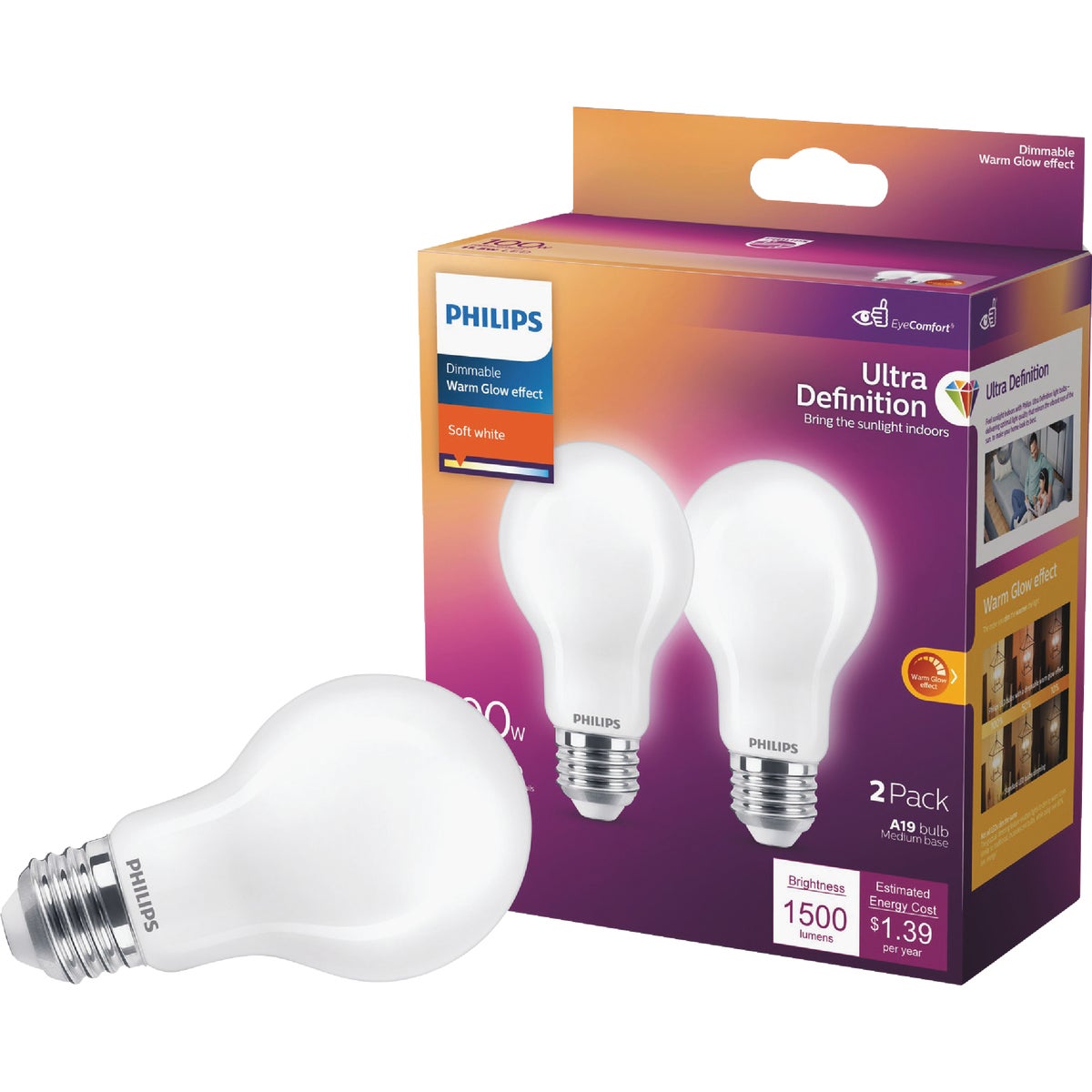 Philips Ultra Definition Warm Glow 100W Equivalent Soft White A21 Medium LED Light Bulb (2-Pack)