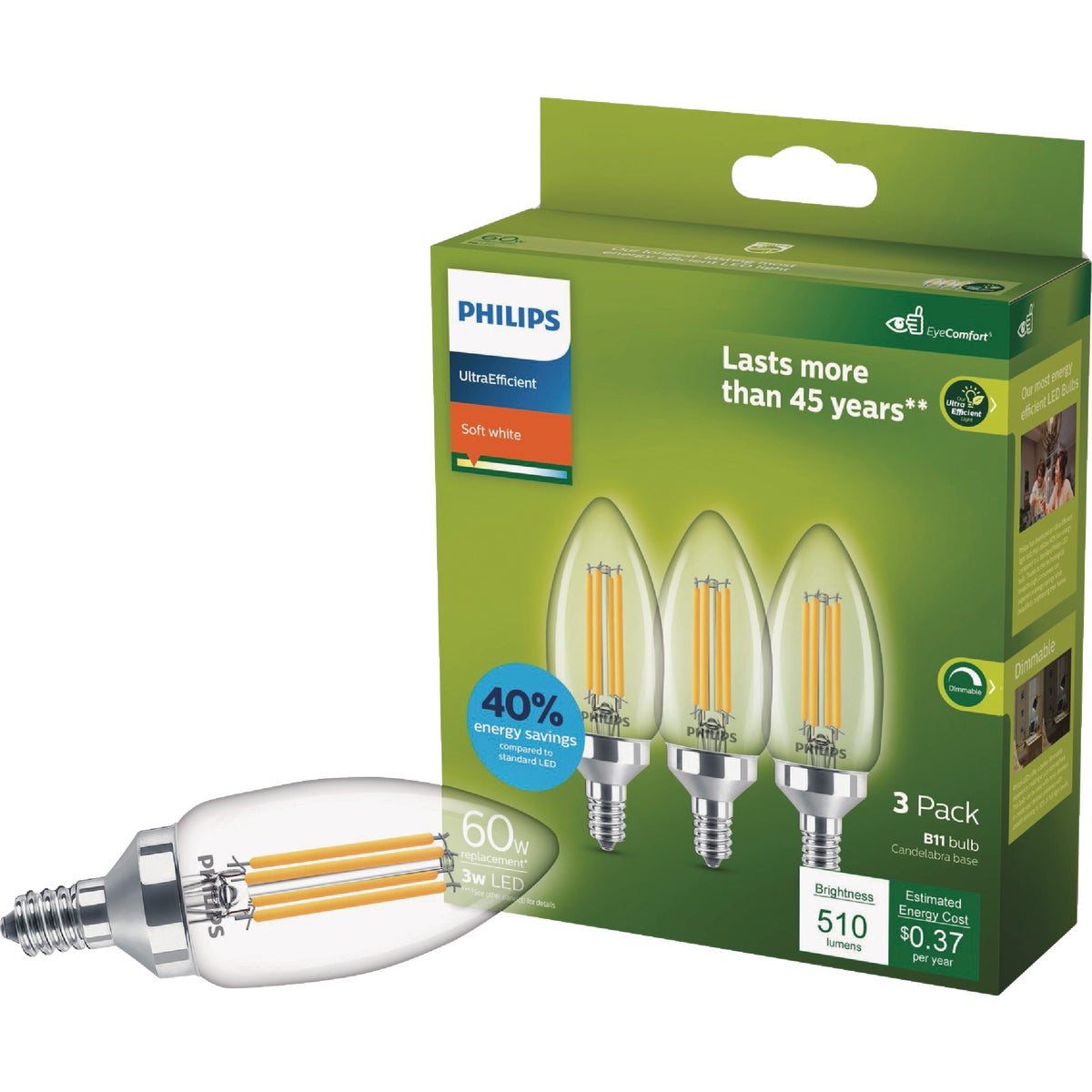 Philips Ultra Efficient 60W Equivalent Soft White B11 LED Light Bulb (3-Pack)