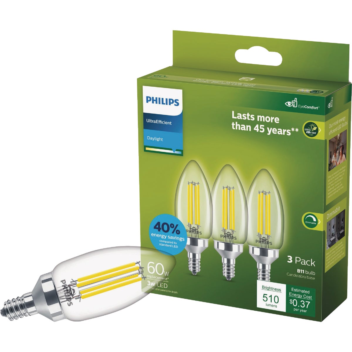 Philips Ultra Efficient 60W Equivalent Daylight B11 LED Light Bulb (3-Pack)