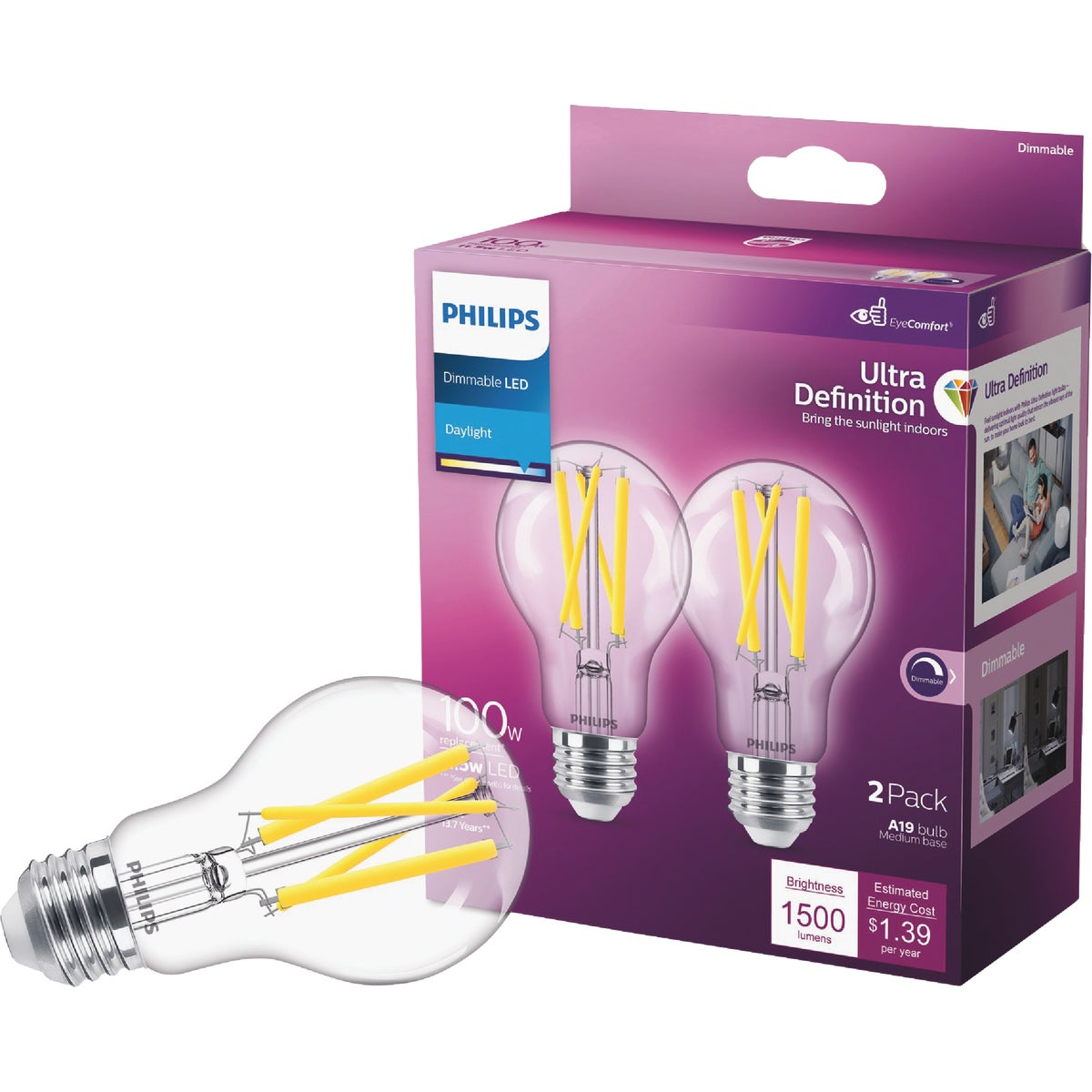 Philips Ultra Definition 100W Equivalent Daylight A21 Medium Dimmable LED Light Bulb, Clear (2-Pack)
