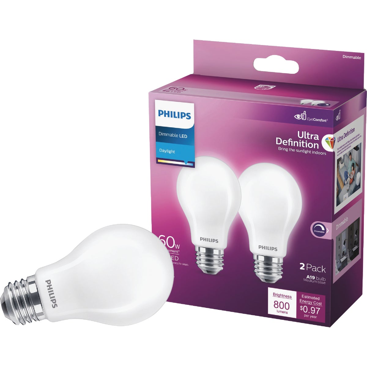 Philips Ultra Definition 60W Equivalent Daylight A19 Medium LED Light Bulb, Frosted (2-Pack)
