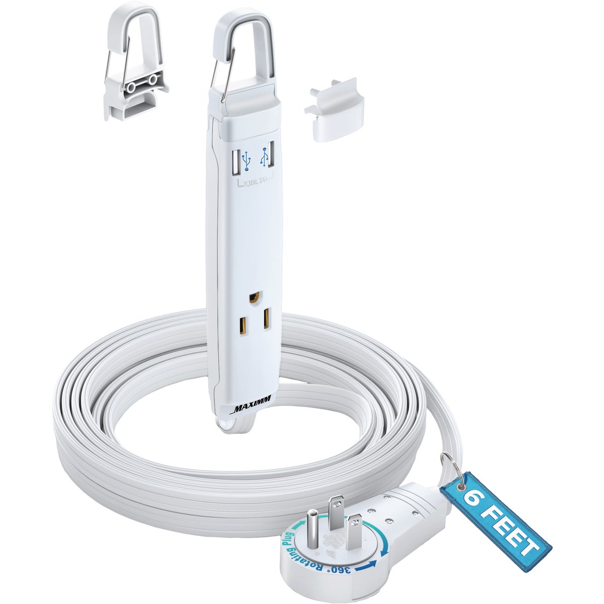 Maximm 6 Ft. 16/3 White 3-Outlet 360 Deg. Rotating Plug & USB Extension Cord with Hook