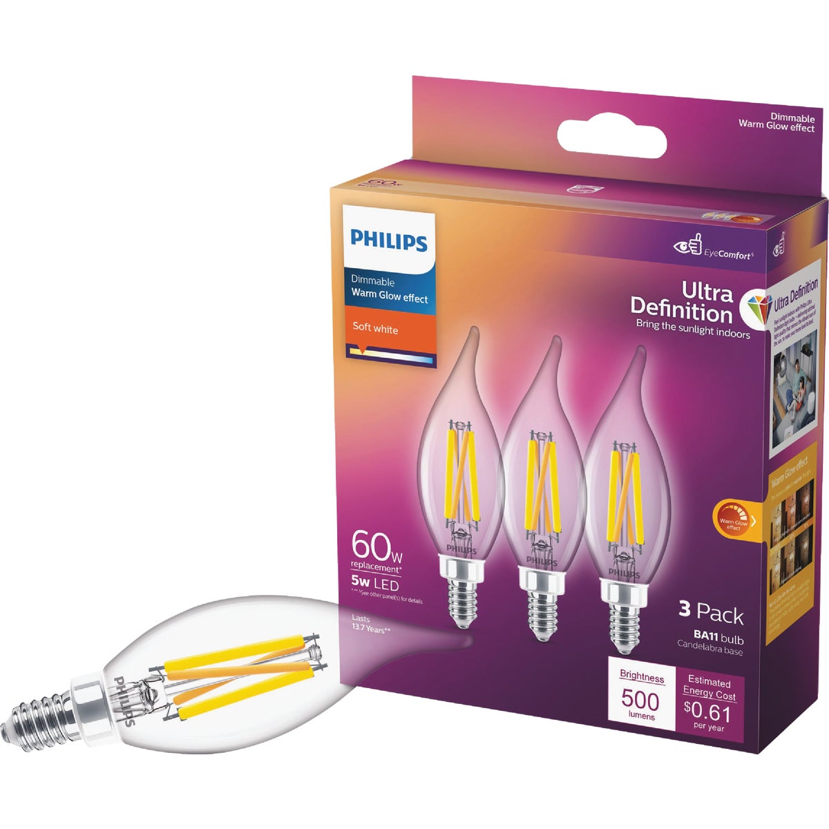 Philips Ultra Definition 60W Equivalent Soft White BA11 Candelabra LED Decorative Light Bulb (3-Pack)