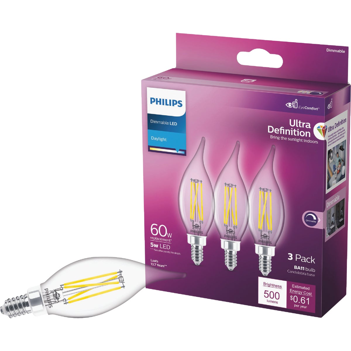 Philips Ultra Definition 60W Equivalent Daylight BA11 Candelabra LED Decorative Light Bulb (3-Pack)