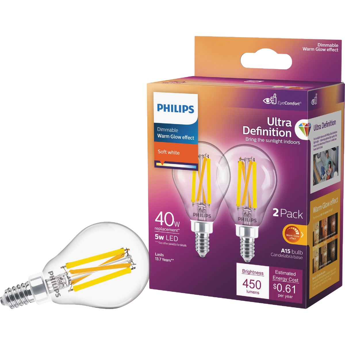 Philips Ultra Definition Warm Glow 40W Equivalent Soft White A15 Candelabra LED Light Bulb (2-Pack)