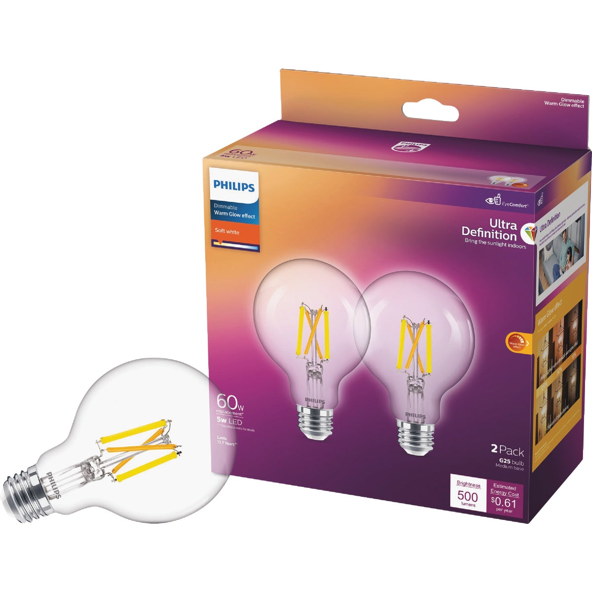 Philips Ultra Definition 60W Equivalent Soft White G25 Medium LED Decorative Light Bulb (2-Pack)